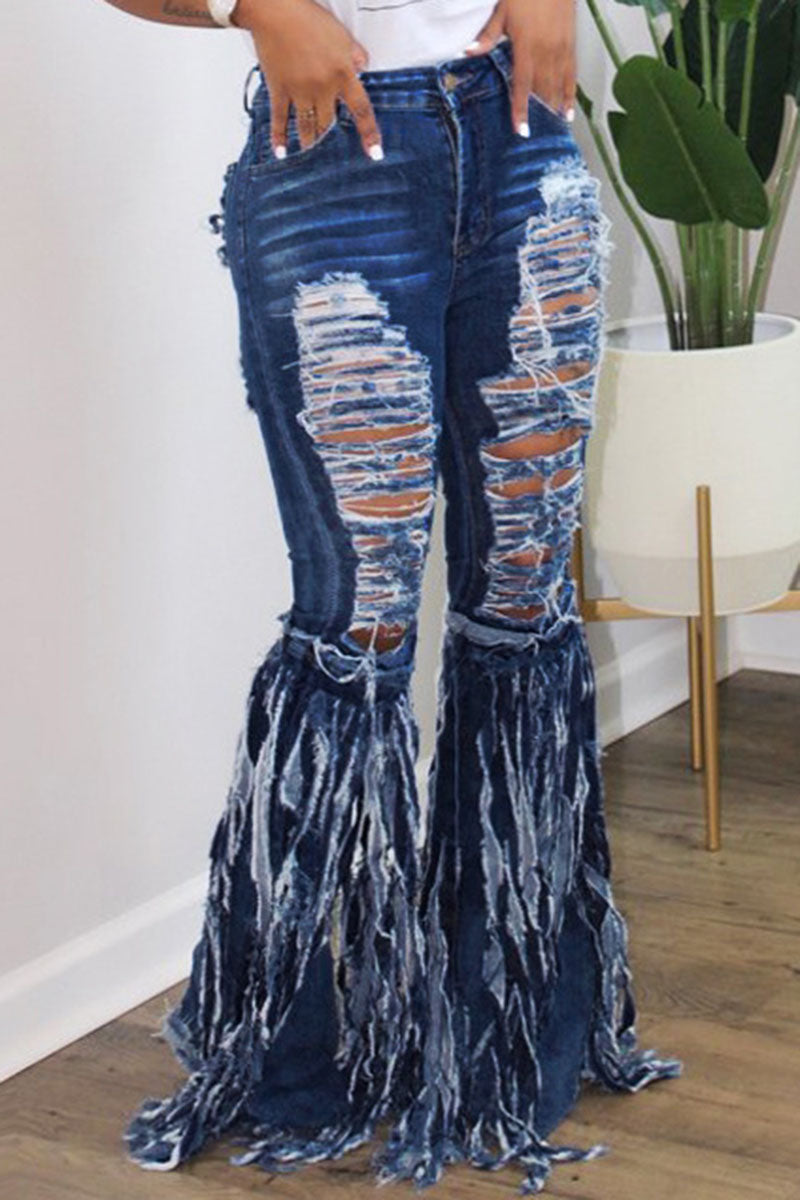 [Pre-Sale] Plus Size Camouflage Solid Ripped Fringed Skinny Denim Bell-bottoms - Fashionaviv