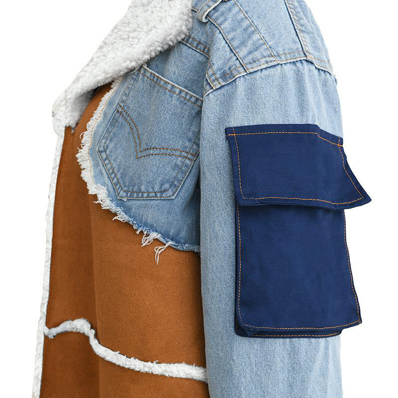 Plus Size Denim Stitching Suede Fleece Turndown Collar Coat(Without Belt)
