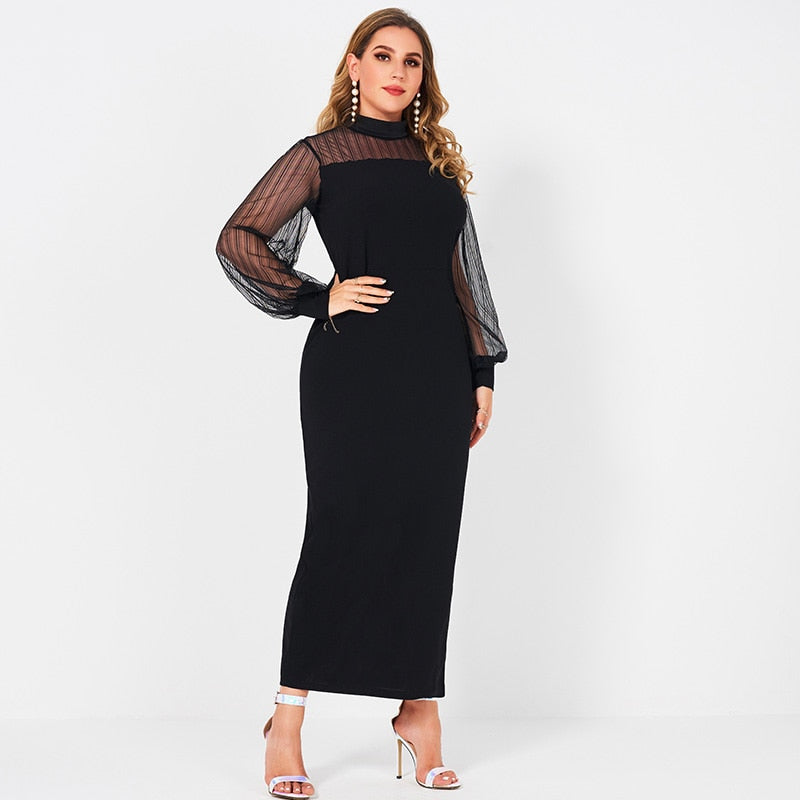 2021 New Summer Maxi Dress Women Plus Size Black Sexy Gauze Patchwork Long Sleeve Slim Center Slit Hem On The Back Party Robes