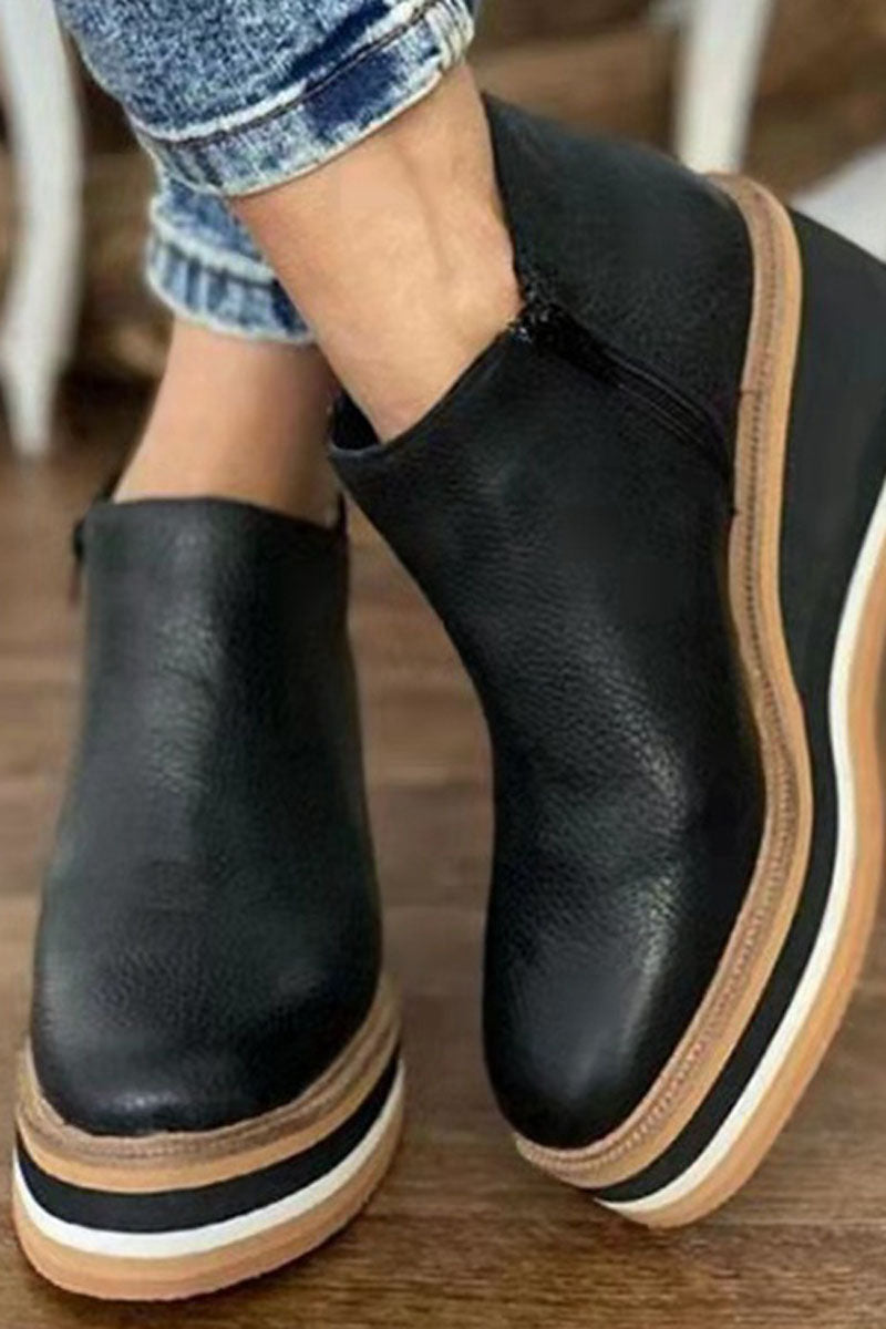 Soft Leather Round Head Slope Heels Short Boots - Fashionaviv