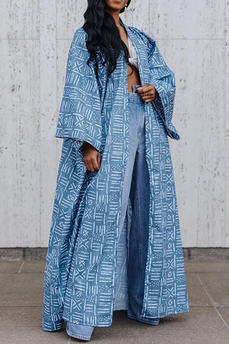 Plus Size Blue African Print Maxi Dress Cardigan Outerwear - Fashionaviv-Maxi Dresses-[product_label]