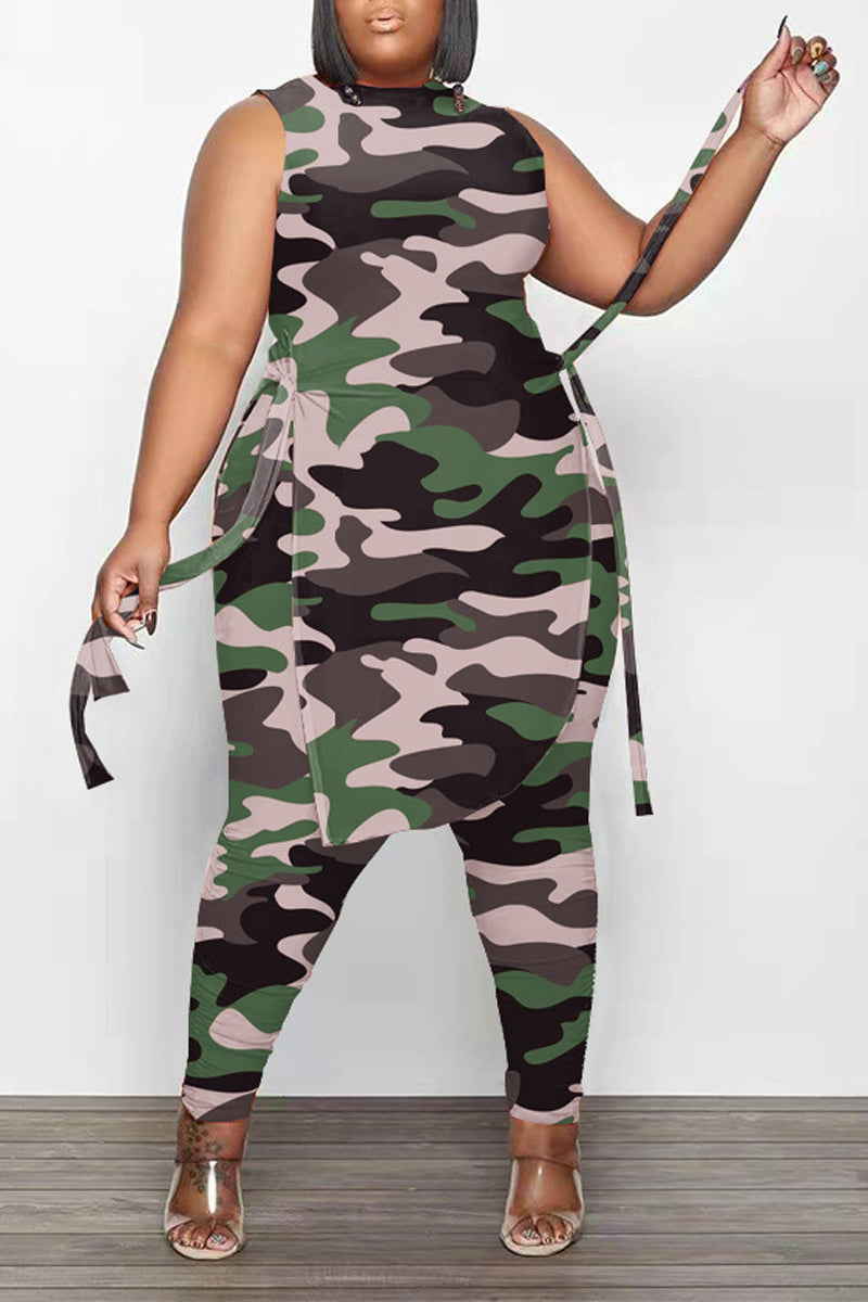 Plus Size Camouflage Print Sleeveless Skinny Pant Two Piece Set - Fashionaviv-Pant Sets-[product_label]