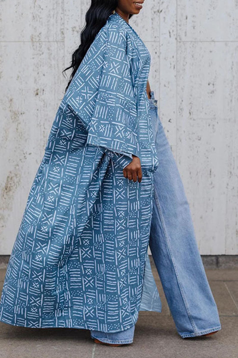 Plus Size Blue African Print Maxi Dress Kimono Cardigan Outerwear