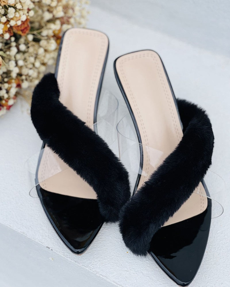 Fluffy Clear Strap Pointed Toe Pyramid Heels
