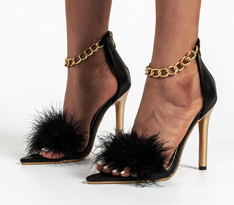 Back Strap Square Toe Feather High Heels