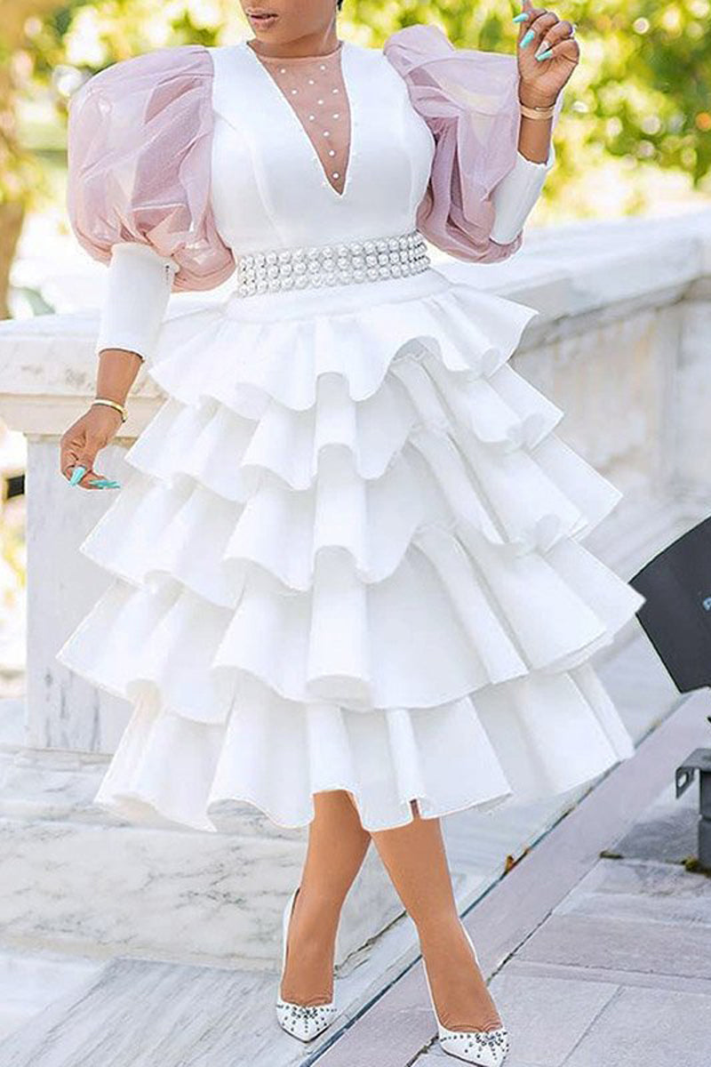 [Pre-Sale] Plus Size Elegant Mesh Puff Sleeve Stitching Pearl A Line Ruffle Midi Dresses - Fashionaviv-Midi Dresses-[product_label]